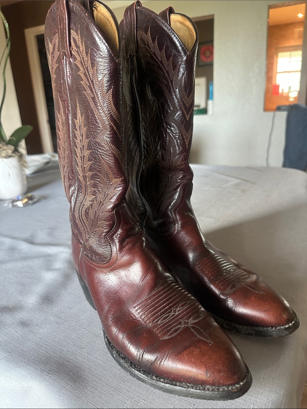 Men's Dark Brown Leather Cowboy Boots with Embroidered Shaft